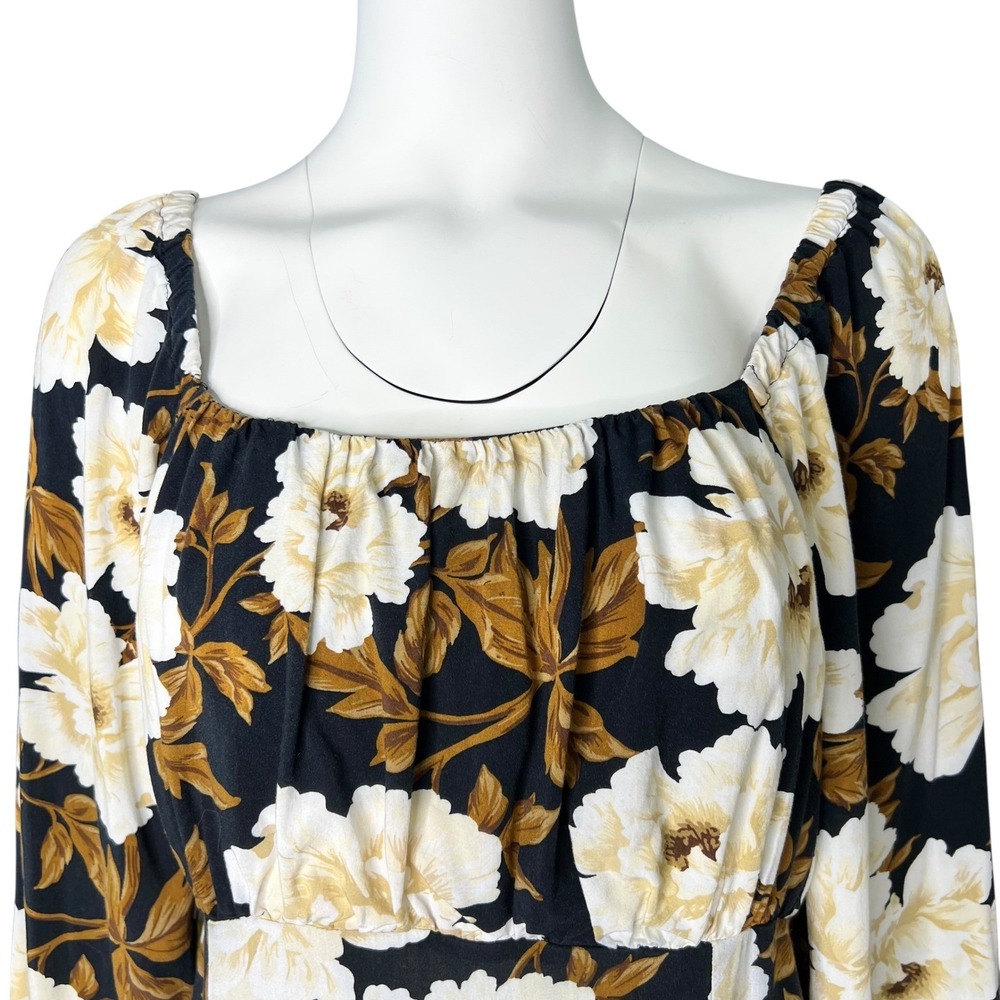 Old Navy‎ Dark Floral Maxi Dress L Black White Brown Milkmaid Square Neck